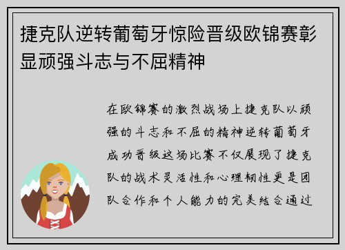 捷克队逆转葡萄牙惊险晋级欧锦赛彰显顽强斗志与不屈精神