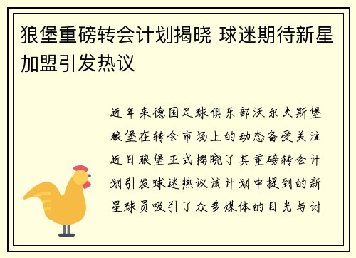 狼堡重磅转会计划揭晓 球迷期待新星加盟引发热议