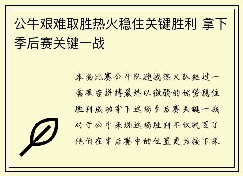 公牛艰难取胜热火稳住关键胜利 拿下季后赛关键一战