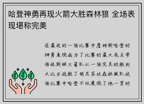 哈登神勇再现火箭大胜森林狼 全场表现堪称完美