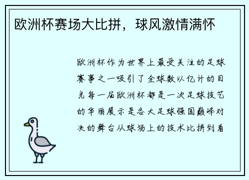 欧洲杯赛场大比拼，球风激情满怀