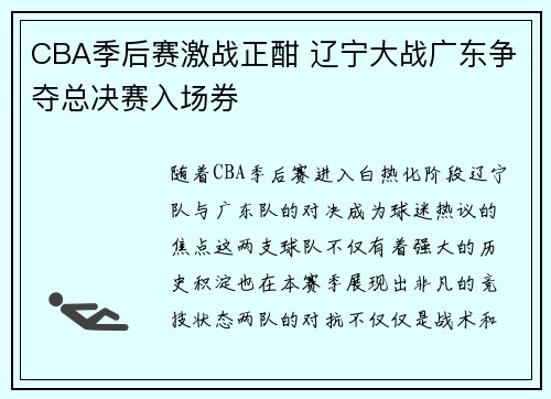 CBA季后赛激战正酣 辽宁大战广东争夺总决赛入场券